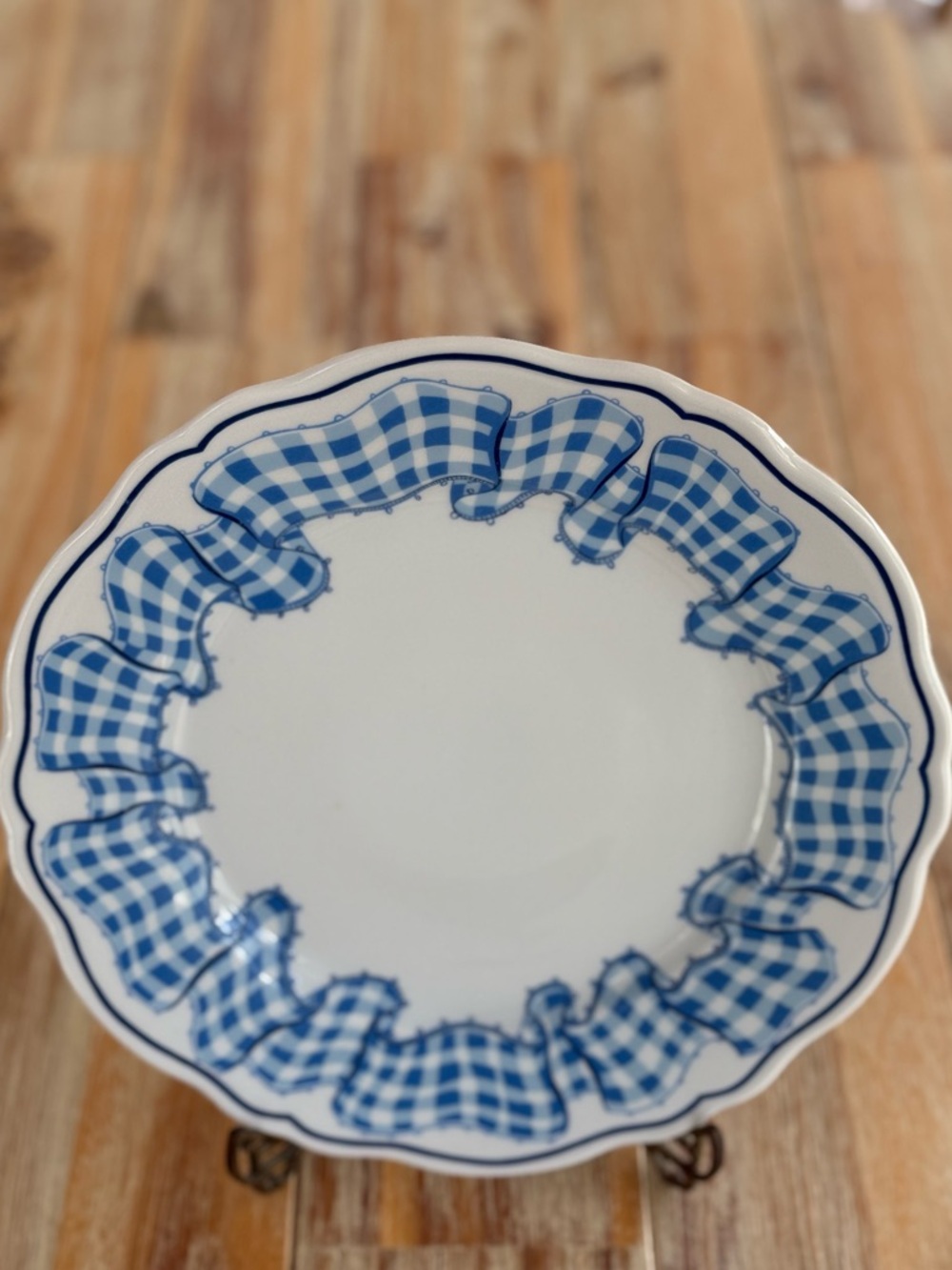 Vintage Blue Gingham Ribbon White Porcelain Plate Philippe Deshoulieres